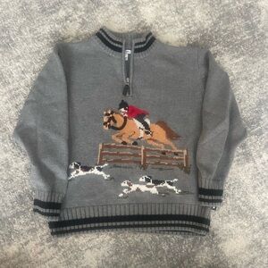Hartstrings Gray Zip-Up Sweater with Equestrian Design